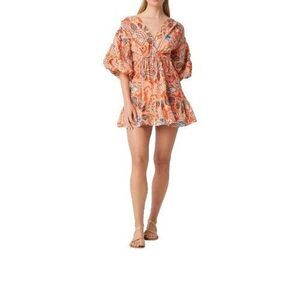 MISA Los Angeles Sari Floral Poplin Balloon-Sleeve Mini Dress Size XL NWT Coral